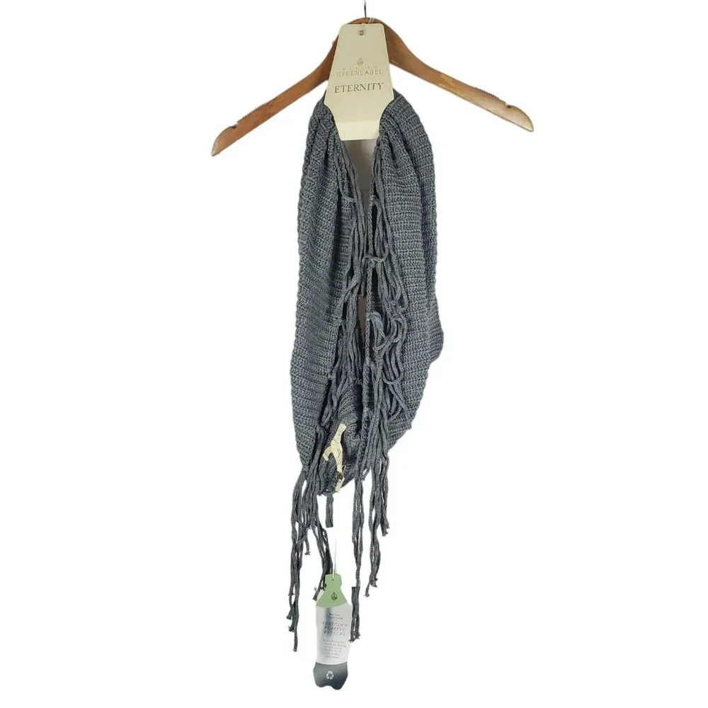 NEW QUAGGA GREEN LABEL Womens Recycled Polyester Infinity Scarf Gray Fringe